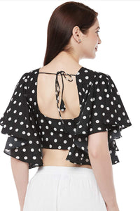 X3 Women's  Black & White Polka Dot Polyester Saree Blouse with Cape Sleeves