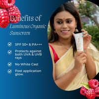 Jivada Luminous Organic Sunscreen with SPF 50+ PA+++ for UV A, UV B | HA, Ceramide, Red Raspberry & Gotu Kola | No White Cast|Carrot & Licorice |All Skin Types | Sulphate & Paraben Free | 100ml
