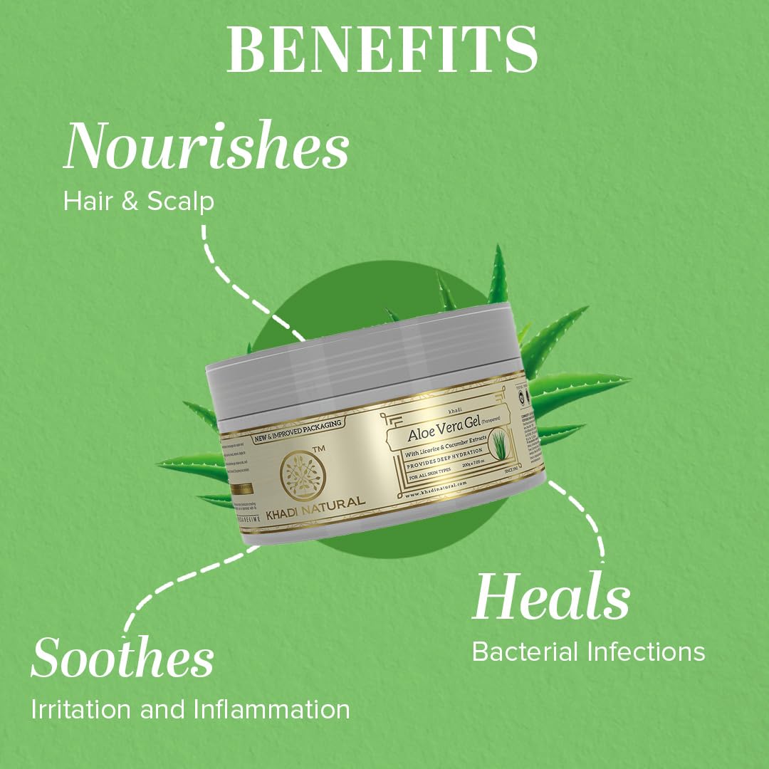 Khadi Natural Ayurvedic Aloevera Gel (Transparent) | Hydrates Skin | Soothes Irritated Skin | Helps Fight Acne| Reduces Tan | Suitable for all skin types | Pack of 2(200 * 2, 400 gm)