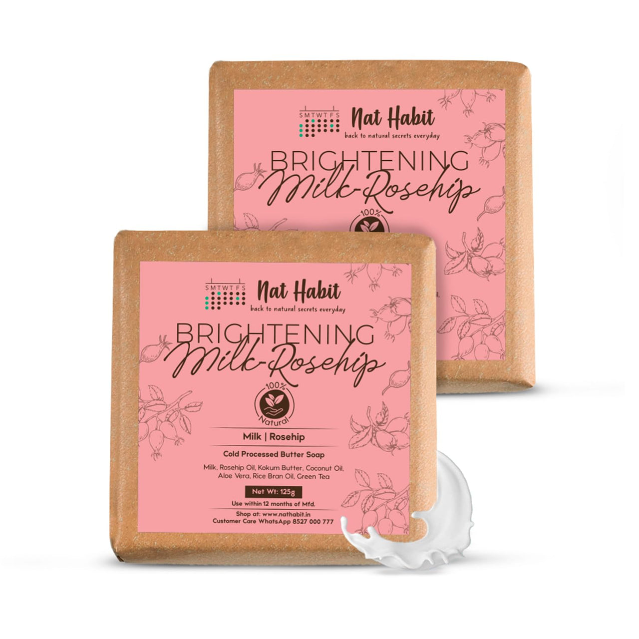 Nat Habit Brightening Milk-Rosehip Bath Soap With Ayurvedic Cold Processed For Scar Reduction, Gentle Exfoliation & Tan (Pack of 2 x 125gm)