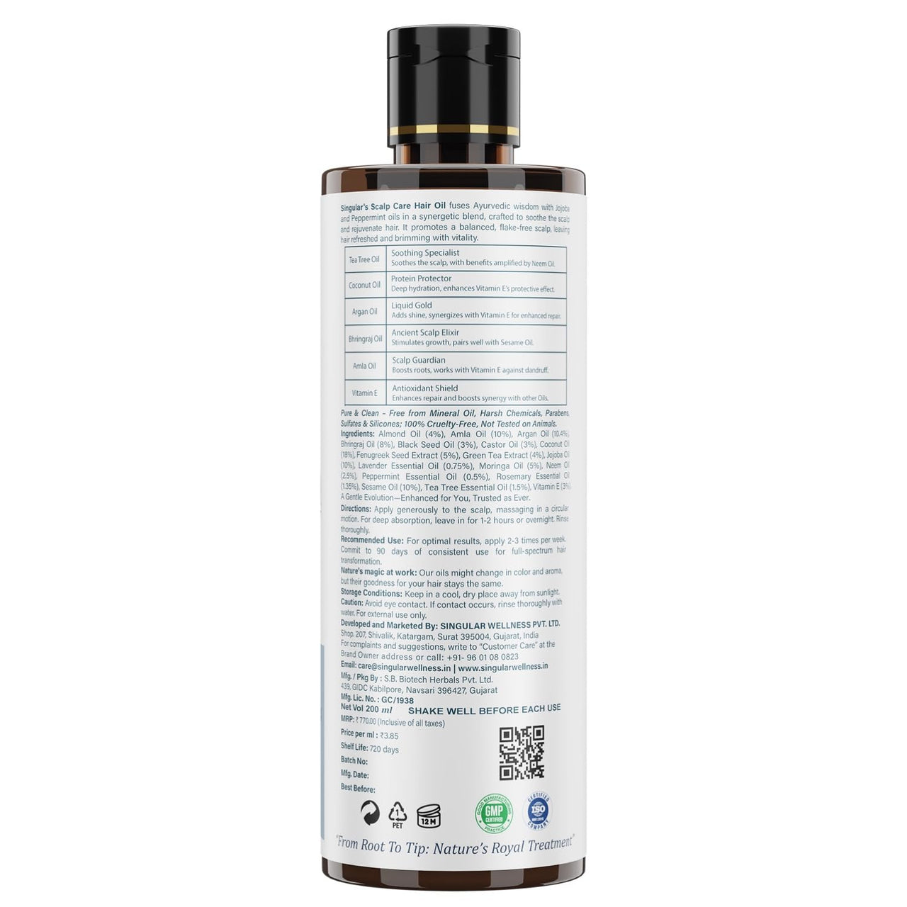 Singular Scalp Care Hair Oil for Itchy Scalp, Soothing & Sebum Control, Cold-Pressed with Tea Tree, Neem, Argan & More - 200ml