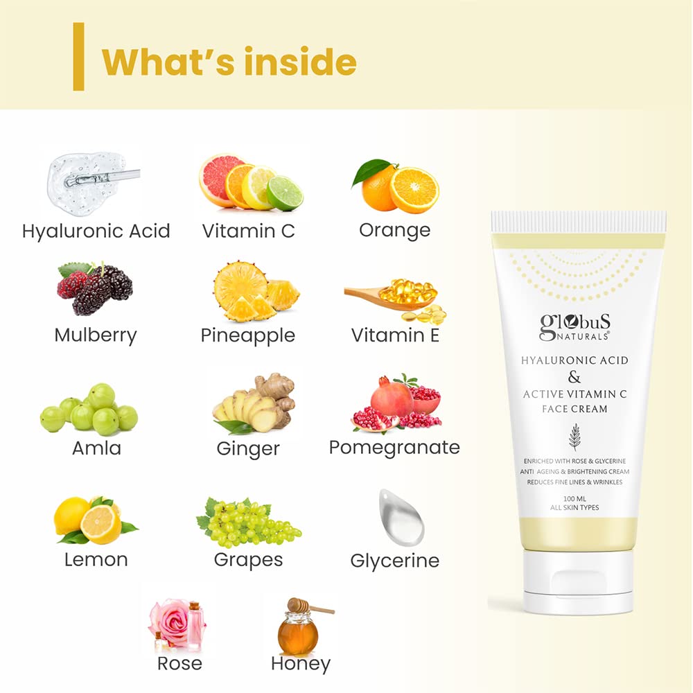 Globus Naturals Hyaluronic Acid & Vitamin C Anti Ageing Face Cream, Enriched with Rose & Glycerine, Skin Lightening & Brightening Formula, 100 ml, Pack Of 2