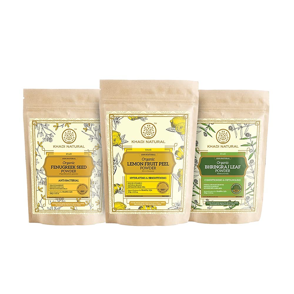 KHADI NATURAL Organic Powder Pack of 3 (Lemon + Fenugreek + Brahmi) (Net Qt. 3x100) 300gm