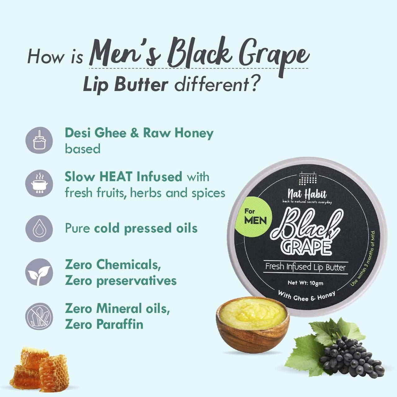 Nat Habit Black Grape Lip Balm For Men,For Lip Lightening,Lip Mask For Dry Lips|Natural,Ayurvedic Lip Care|Fresh Kitchenmade,Desi Ghee,Raw Honey,Shea,Black Grape,Vitamin E|Express Dry Lips Repair,10G