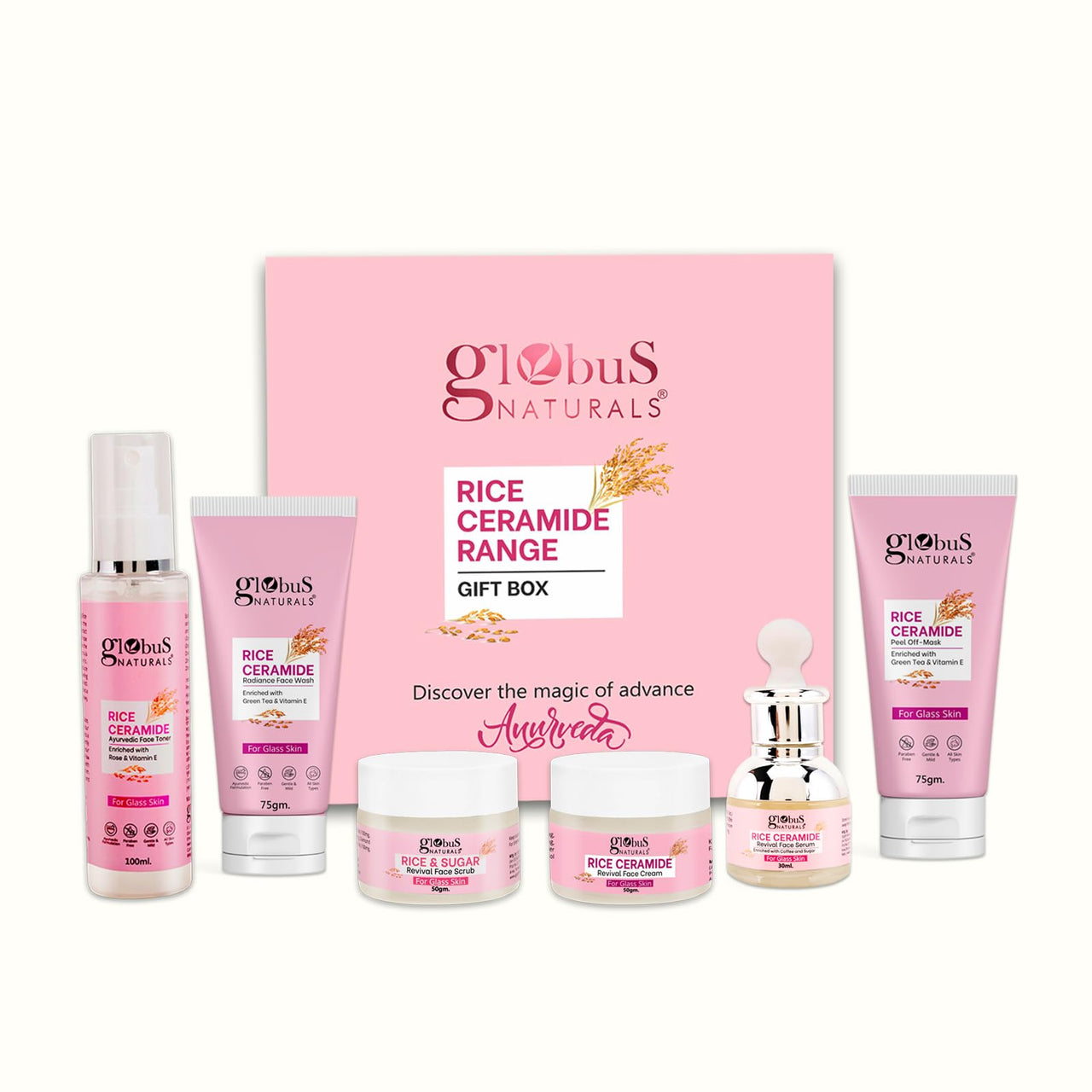Globus Naturals Revival Rice Ceramide Skincare Gift Box, For Korean Glass Skin, Set of 6 Face Wash 75gm, Cream 50gm, Scrub 50gm, Peel off Mask 75gm, Serum 30ml, Toner 100ml (380gm, RiceGB2PG)