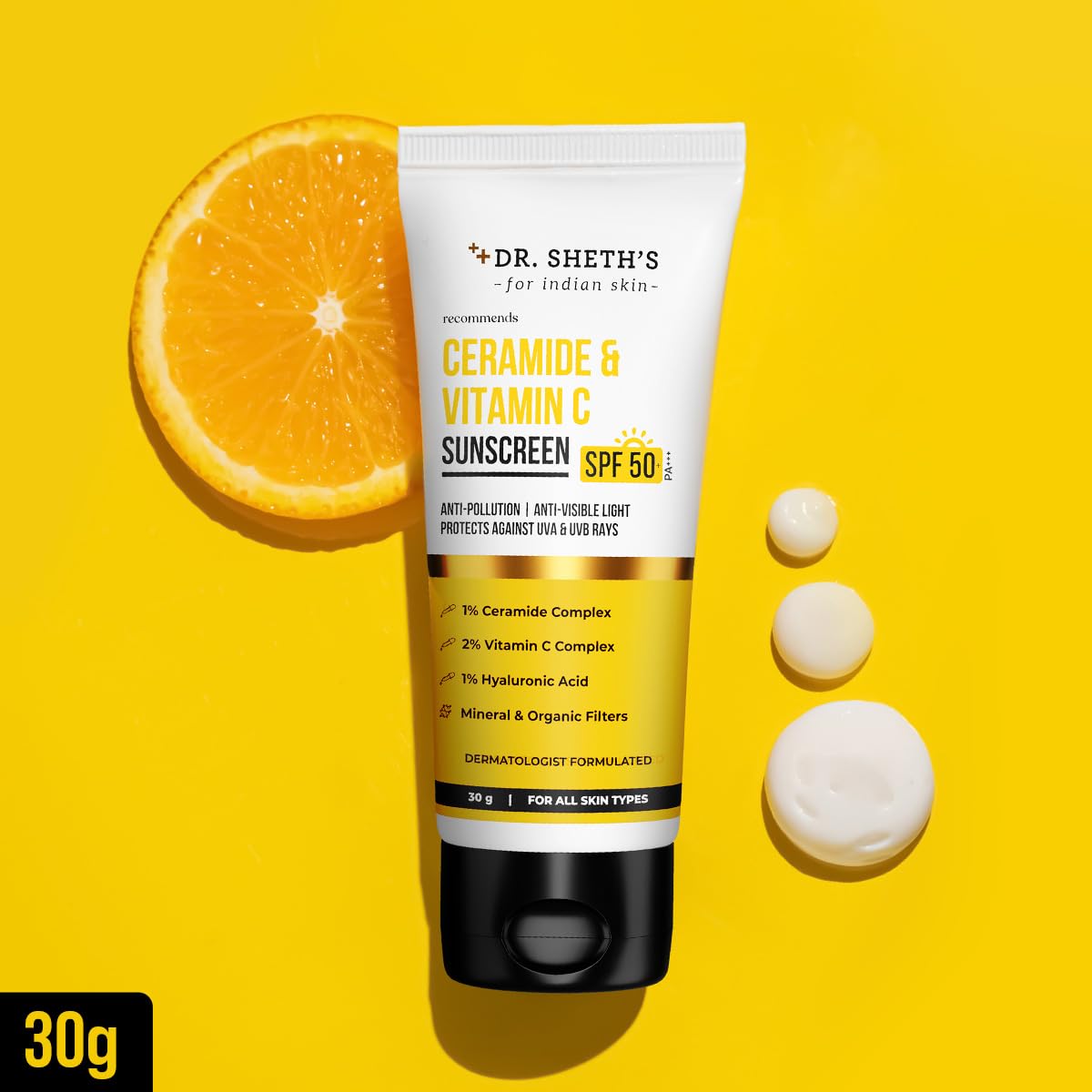 Dr. Sheth's Ceramide & Vitamin C Sunscreen | SPF 50+ Pa+++ | In-Vivo Tested | For Bright Skin & Healthy Glow | Non-Greasy, Quick-Absorbing, No White Cast | UVA/B & Bluelight Protection | For Men & Women | For All Skin Type | 30 g
