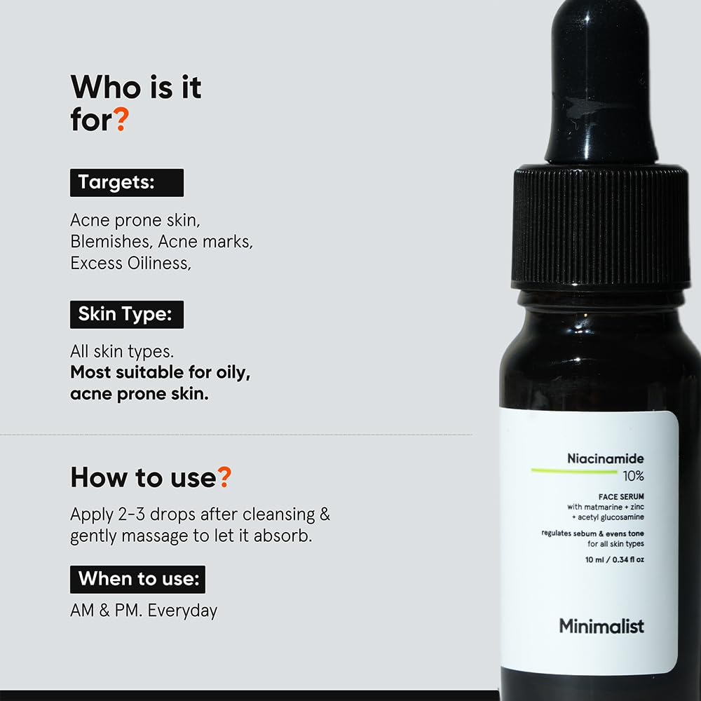 Minimalist Oil Control & Anti-Acne 10% Niacinamide Face Serum with Zinc | Skin Clarifying,Blemishes Removing & Pore Care for All Skin Types | 10 ml (Pack of 1)
