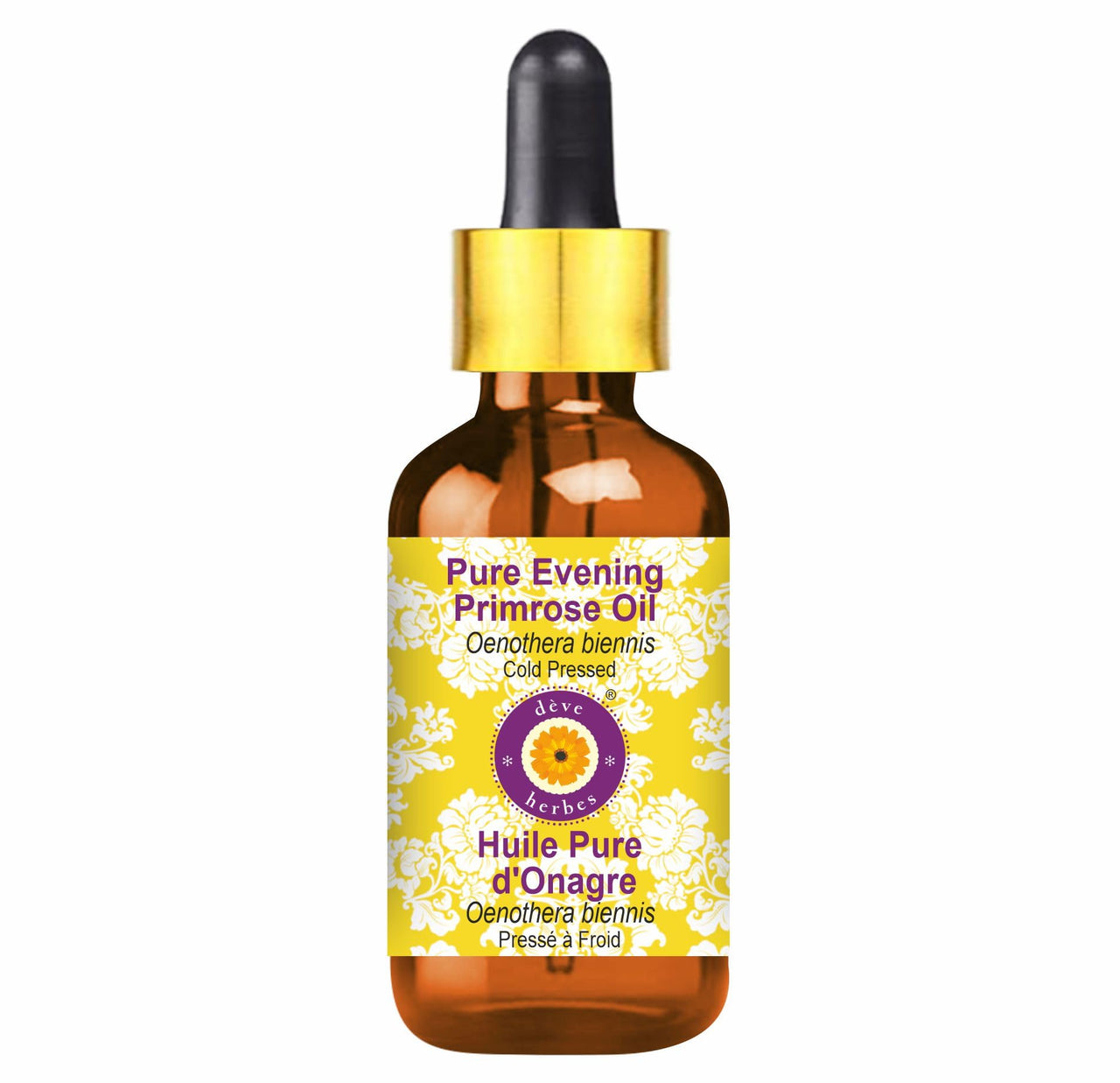 Deve Herbes Pure Evening Primrose Oil (Oenothera biennis) with Glass Dropper Cold Pressed 10ml (Pack of 1)(0.33 oz)