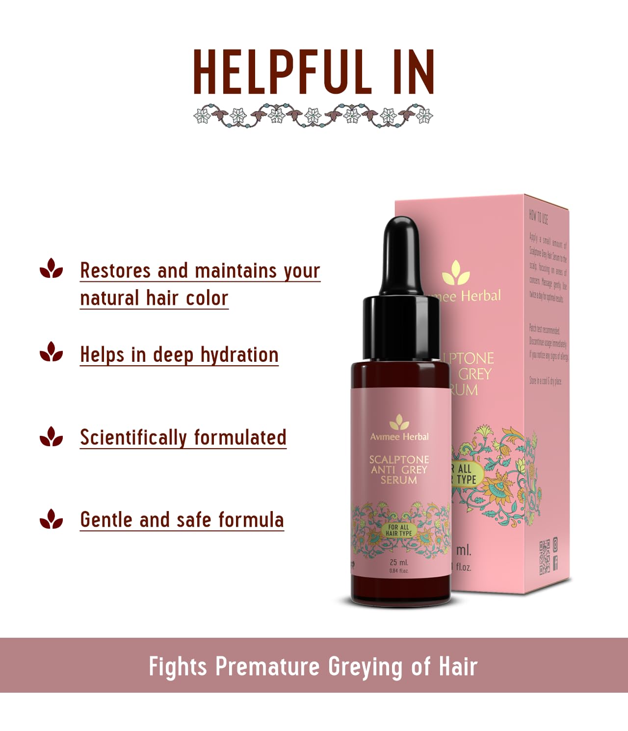 Avimee Herbal Scalptone Grey Hair Serum with Hyaluronic Acid & Caffeine | Toxin Free | Light-weight, Non-sticky & Odourless formula | For All hair types | 25 ml