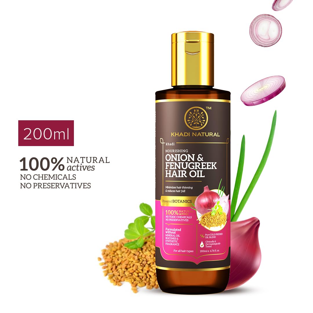 Khadi Natural Onion and Fenugreek Hair Oil| Strengthens Hair Follicles| Frizz-Free Hair| Paraben Free| - POWERED BOTANICS, 200ml