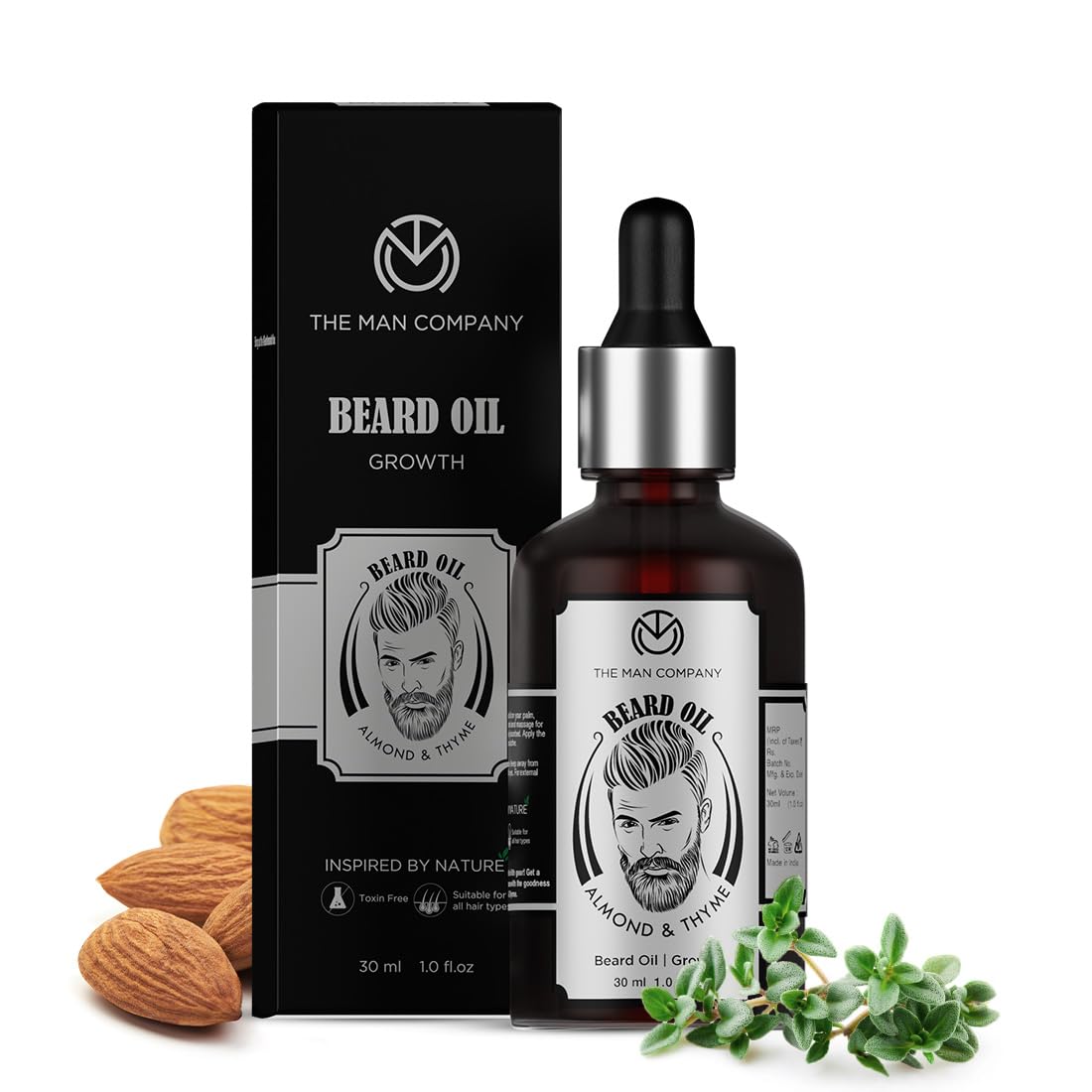 The Man Company Beard Oil for Growing Beard Faster with Almond & Thyme, 100% NATURAL, Best Beard Growth Oil for Men, Nourishes & Strengthens Uneven Patchy Beard - 30ML