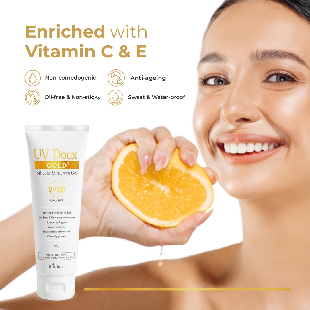 UV Doux Gold Sunscreen Gel For Anti Ageing with Sun Protection | SPF 50 and PA+++ Broad Spectrum | Enriched with Anti-oxidants like Vit C & E | Matte Finish | Water Resistant & Non-Greasy | 50gm