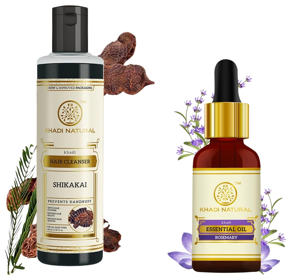 Khadi Natural Rosemary Essential Oil, 15ml & Shikakai Shampoo, 210ml for Hair Growth, Dandruff Control, Natural Hair Cleanser