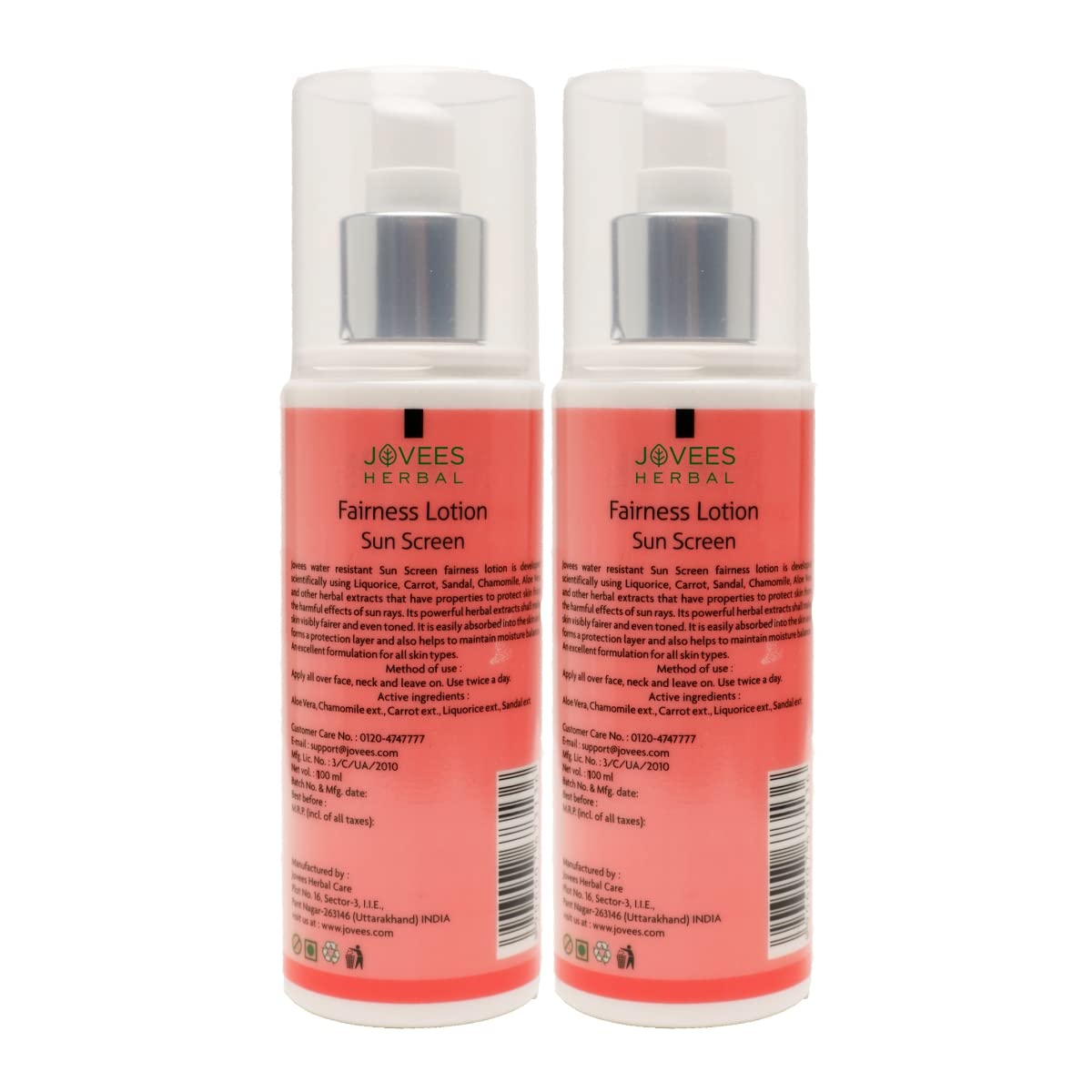 Jovees Herbal Sunscreen Fairness SPF 25 Lotion for Oily, Sensitive | Light Weight,Non Greasy, Quick Absorbing | Protects from Tanning & Uneven Skin Tone 100 ML (Pack of 2)