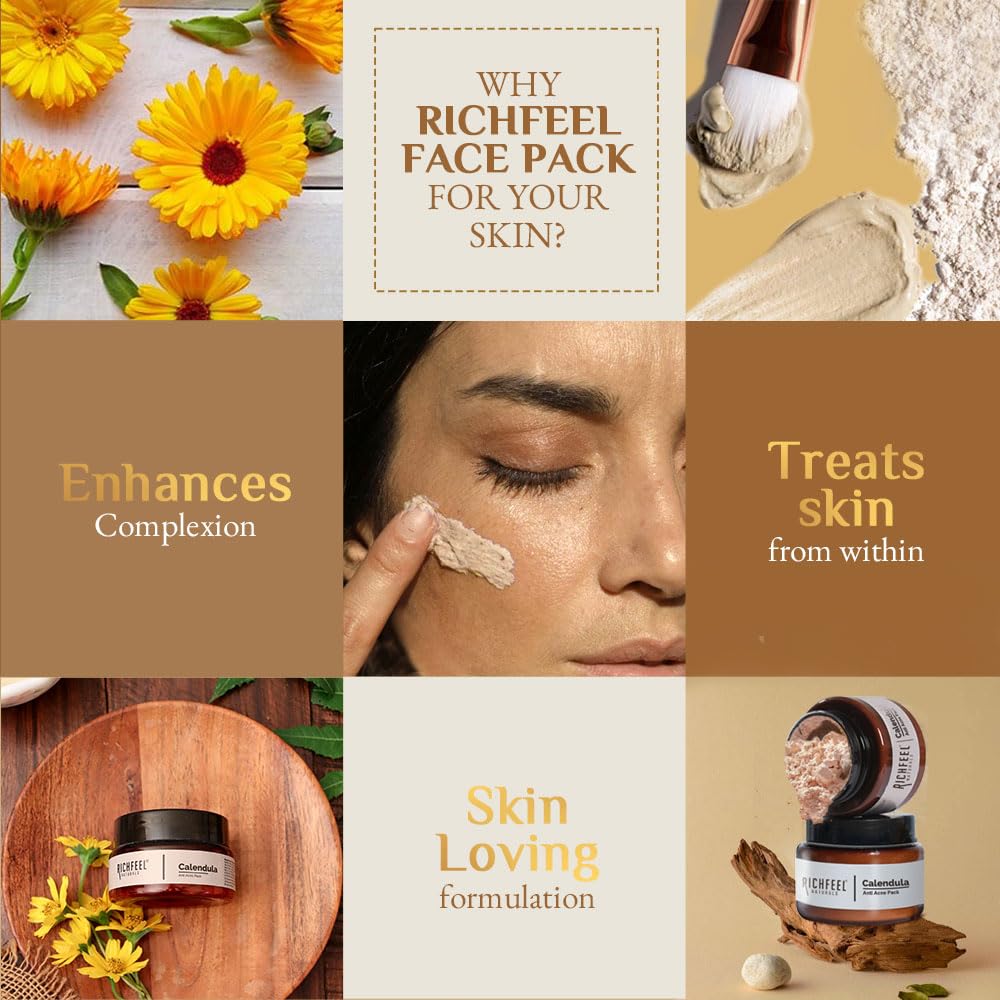 Richfeel Calendula Anti Acne Mud Pack | Power of Soothing Calendula, Super-mud Kaolin & Bentonite | Physician Formulated | 50g -Pack of 2