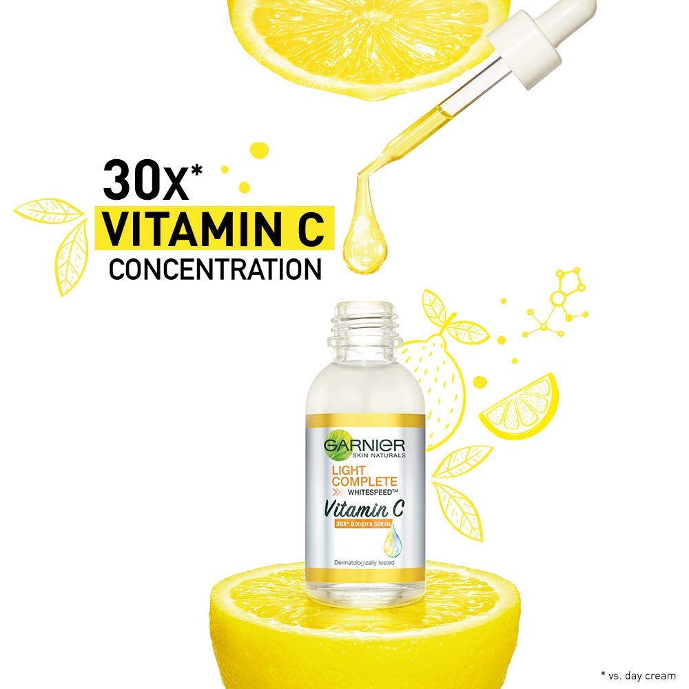 Garnier Light Complete VITAMIN C Booster Face Serum 30 ml & Hydra Bomb Eye Serum Mask, Orange, 6 g