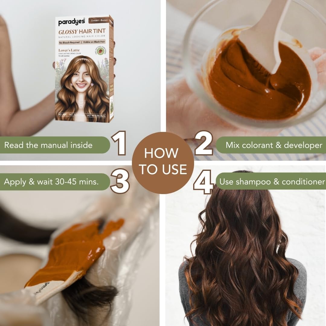 Paradyes No Bleach Lover's Latte Glossy Hair Tint, Ammonia-Free Formula for Natural Black Hair, Visible on Natural Black Hair, Includes Anti-Fade Conditioner for Long-Lasting Shine, Golden Brown