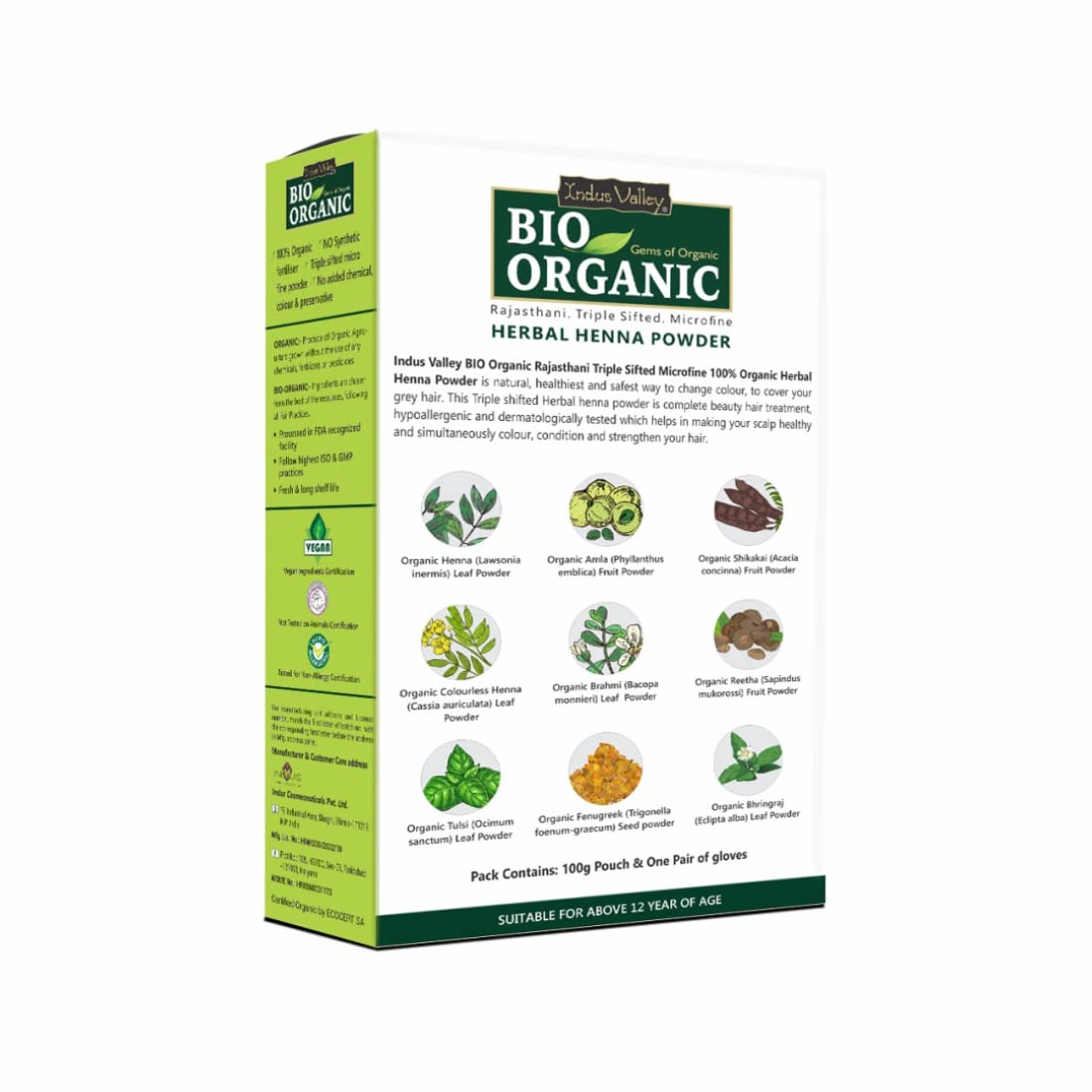 INDUS VALLEY Bio Organic Herbal Henna Powder (200g + 50g=250g) - Green