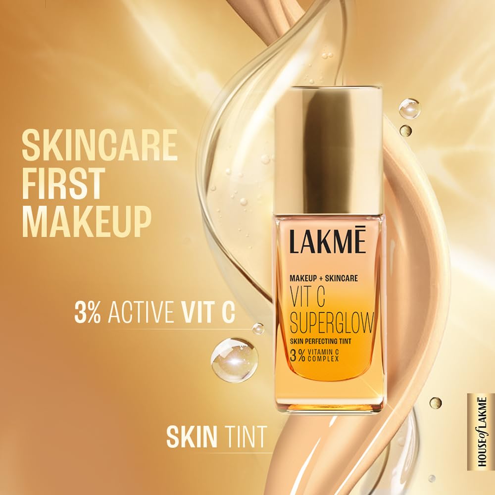 Lakmé Natural Makeup For All Skin Type+Skincare Vitc Superglow Skin Perfecting Liquid Medium Coverage Tint Cool Ivory C100 25Ml 1 Count