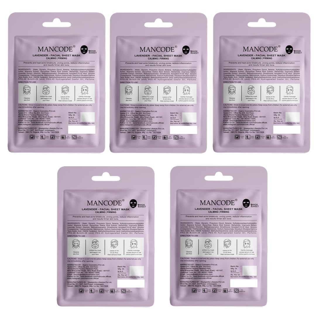Mancode Lavender Facial Sheet Mask 25ml Promotes Soft and Smooth Skin Firming Cleansing Pore Reducing Brightening and Enhances Daily Glow Korean Sheet Mask for Men Women Sheet Mask Set Combo Pack of 5