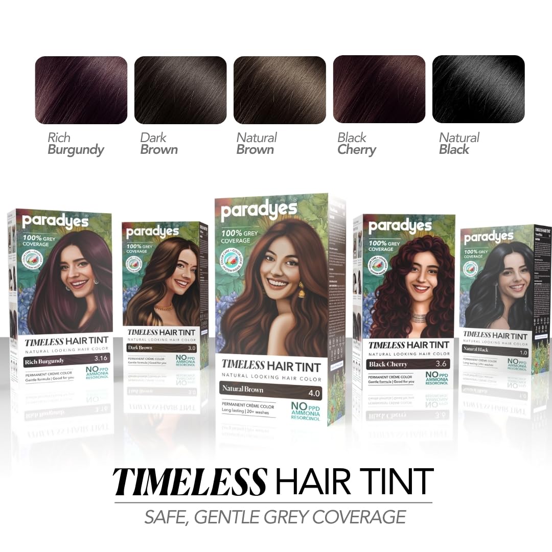 Paradyes Natural Black Timeless Hair Tint, Permanent Crème Hair Colour for Natural-Looking Results, Complete Grey Coverage, Long-Lasting Formula Free from PPD, Ammonia, & Resorcinol, 1.0 Natural Black