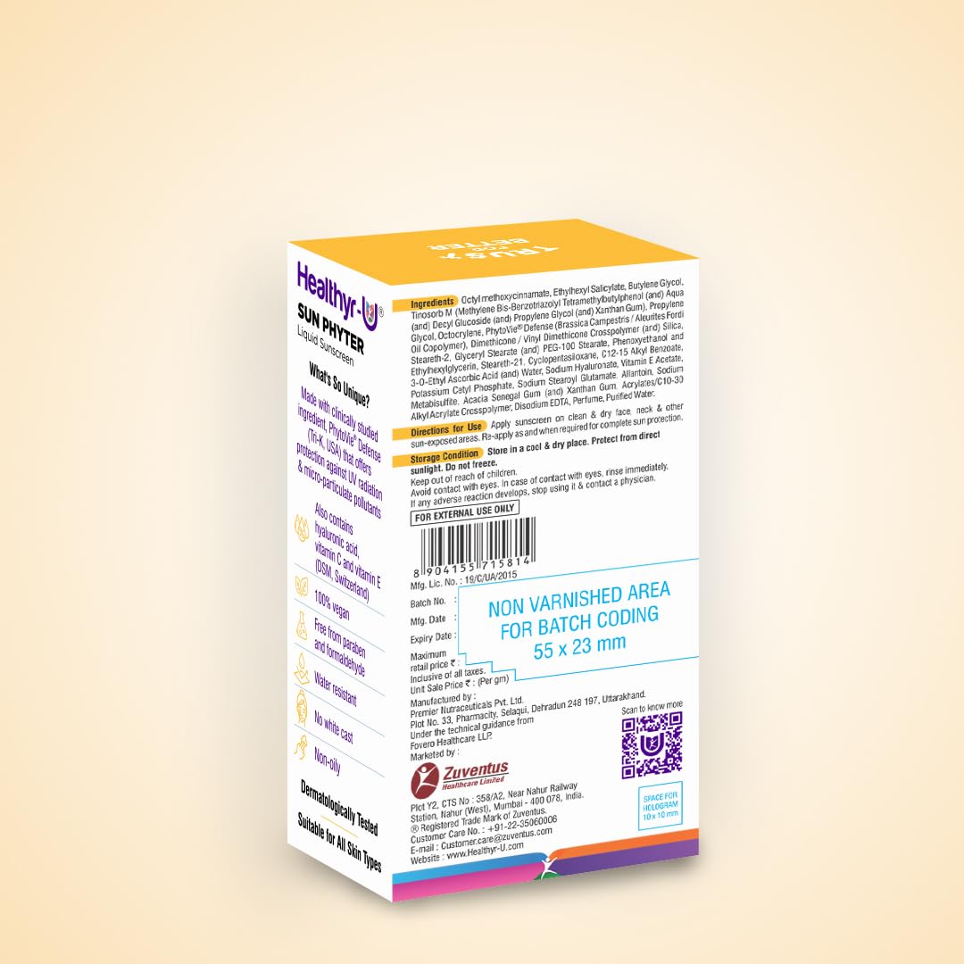 Healthyr-U Sun Phyter Liquid Sunscreen | Broad Spectrum UV Protection with SPF 50 PA+++ | Pollution Protection With Phytovie® Defense | With Vitamin C, Vitamin E & Hyaluronic Acid | Lightweight, No White Cast | For All Skin Types | For Women & Men | 30g