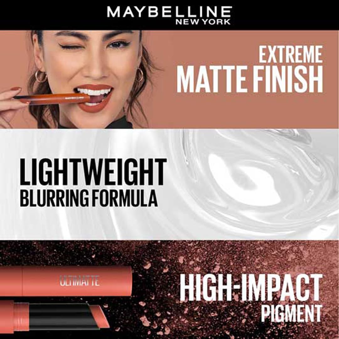 Maybelline New York Lipstick, Matte Finish, Bold Colour, Enriched With Jojoba Oil, Color Sensational Ultimattes, 199 More Ruby, 1.7g