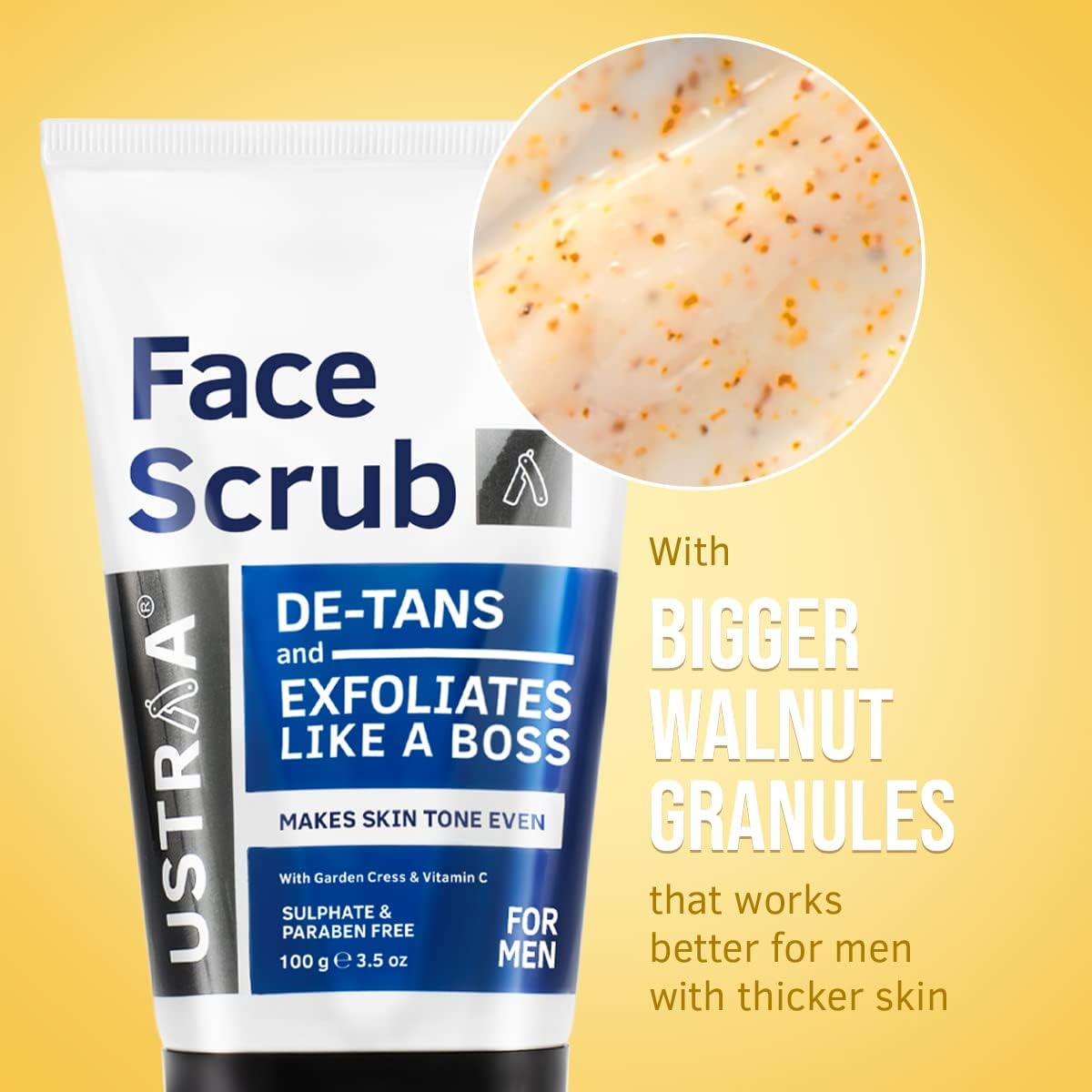 Ustraa Quick Action De-Tan Facial Kit for Men - Set of 4 | De-Tan Face Scrub - 100g | De-Tan Face Mask Oily Skin - 125g | 20% Vitamin C Face Serum - 30ml | De-Tan Cream - 50g | Effective Tan Removal