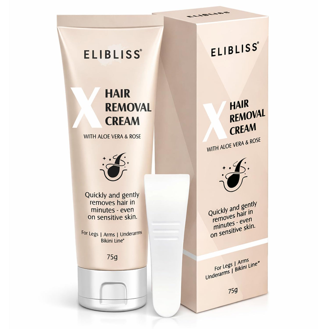 Elibliss X Hair Removal Cream 75g | Aloe Vera for Sensitive Skin | Painless Hair Remover for Under arms, Legs & Bikini Line | Smooth & Hydrated Finish