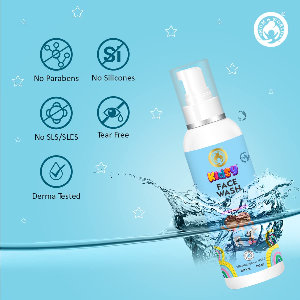Mom & World Kidsy Face Wash Tear Free, 120ml (No SLS, Paraben) - With Argan OIl, Aloevera