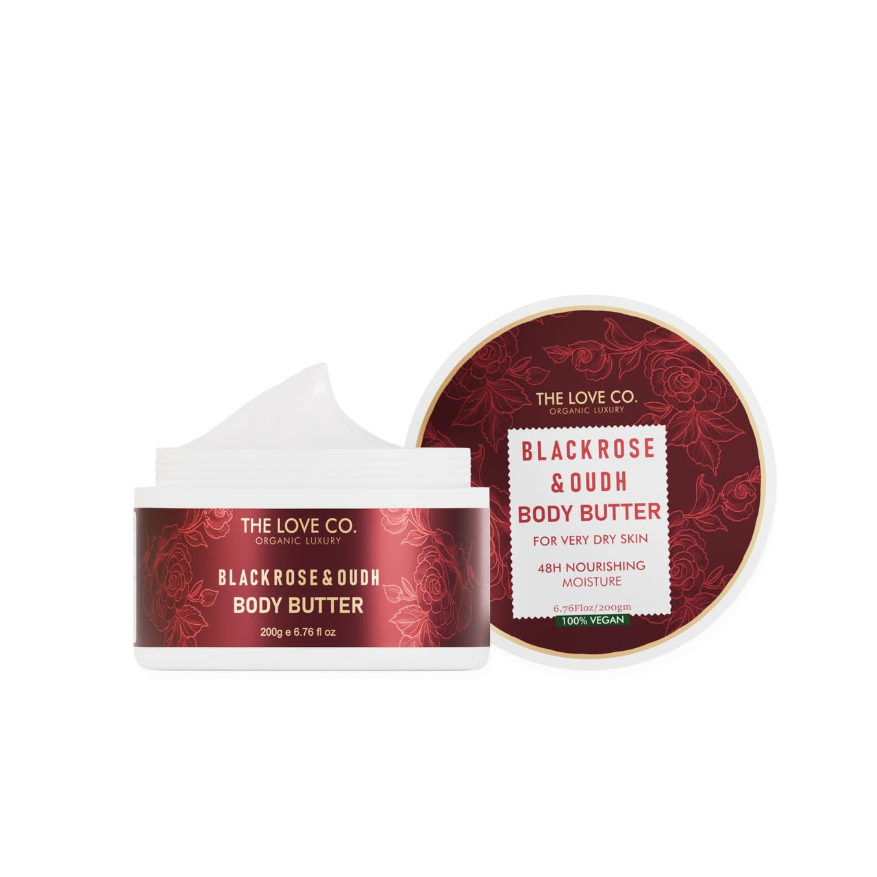 THE LOVE CO. Body Butter - 48-Hour Intense Hydration with Pure Shea Butter - Winter Deep Moisturizing Cream for Women - 200gm (200gm, Black Rose & Oud)