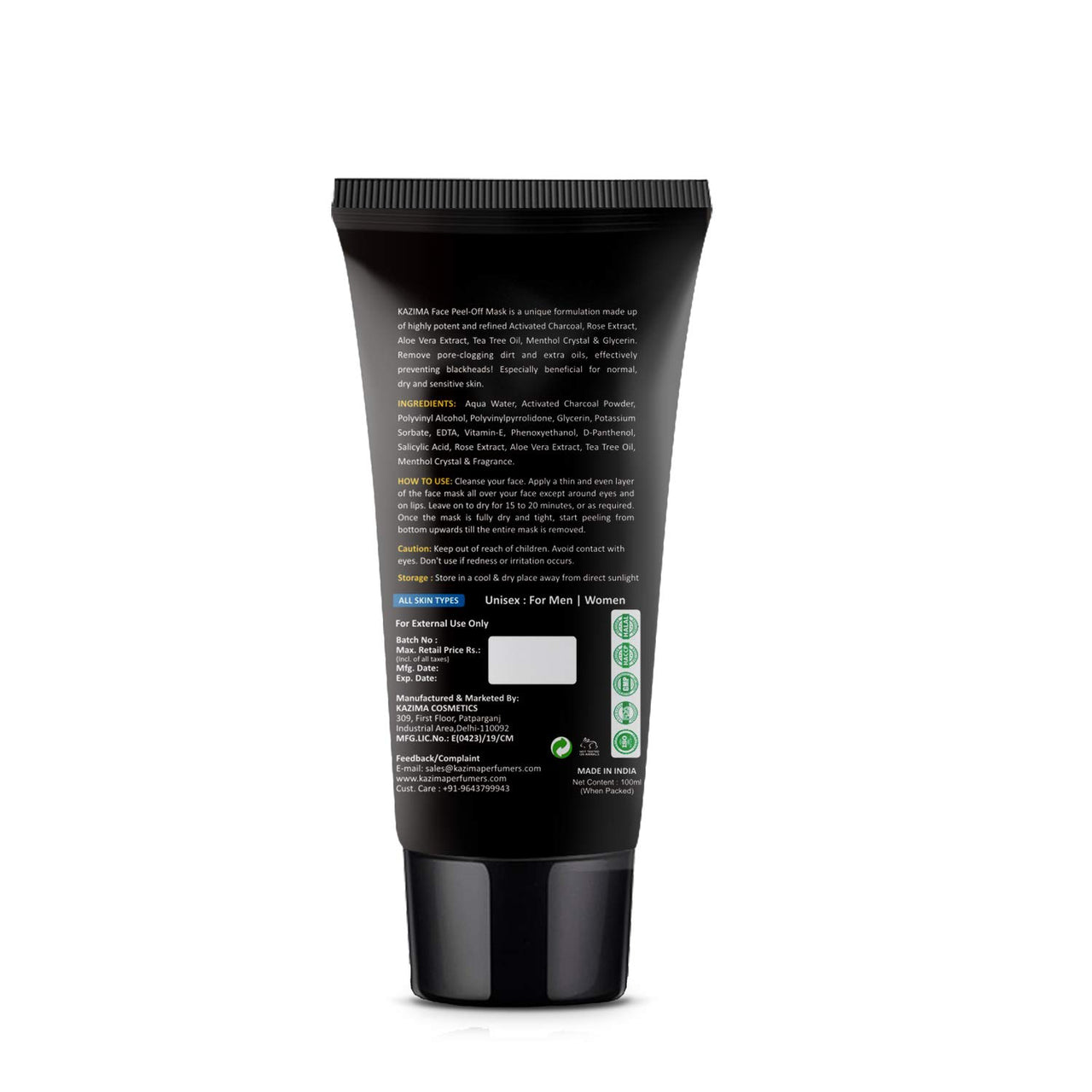 KAZIMA Activated Charcoal Peel Off Mask - Deep Cleansing | Blackheads Removal | Dead Skin Removal | Fights Pollution, 100 g