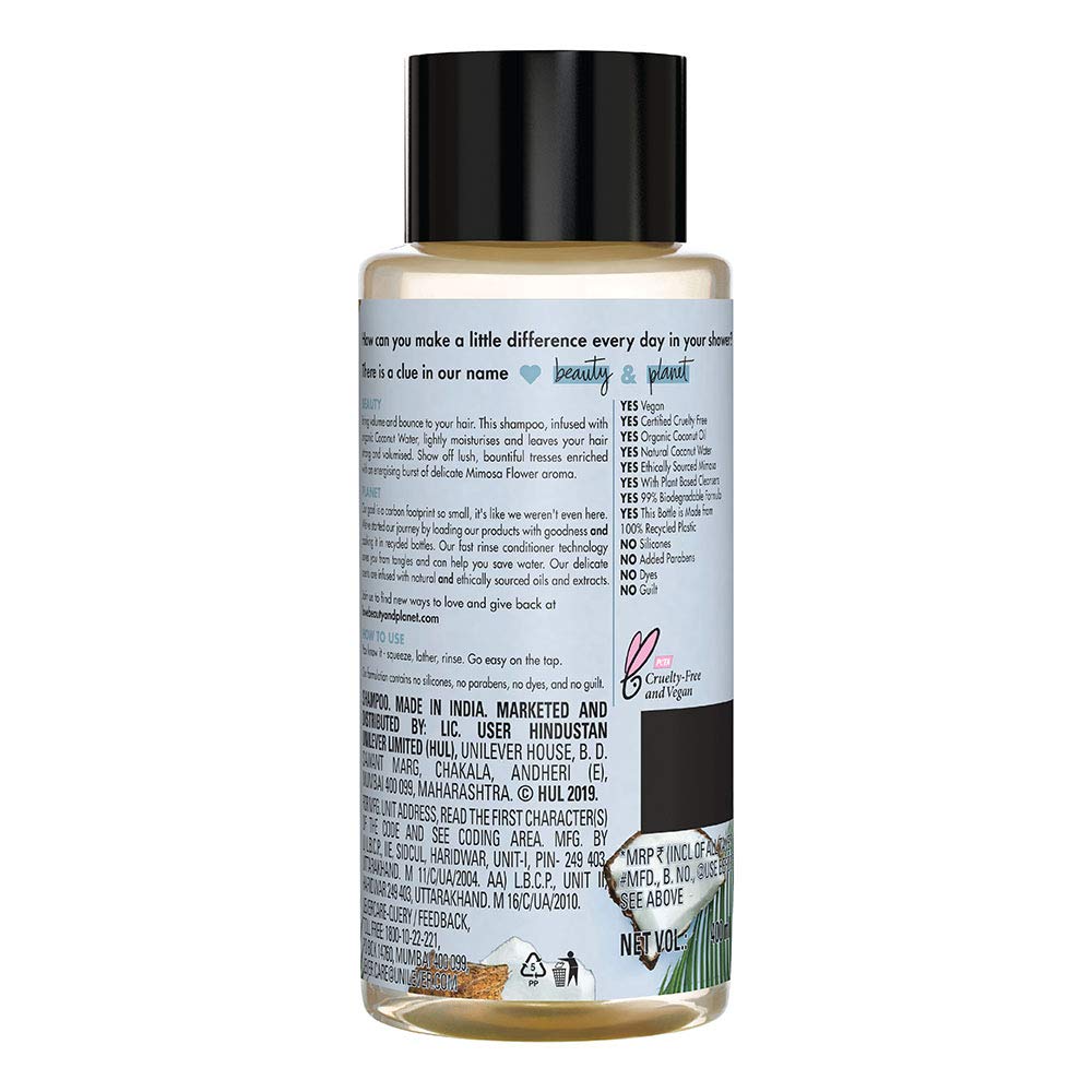 Love Beauty & Planet Coconut Water and Mimosa Flower Sulfate Free Volume and Bounty Shampoo|| No Parabens|| No Dyes|| 100% Organic Coconut Oil|| 400ml