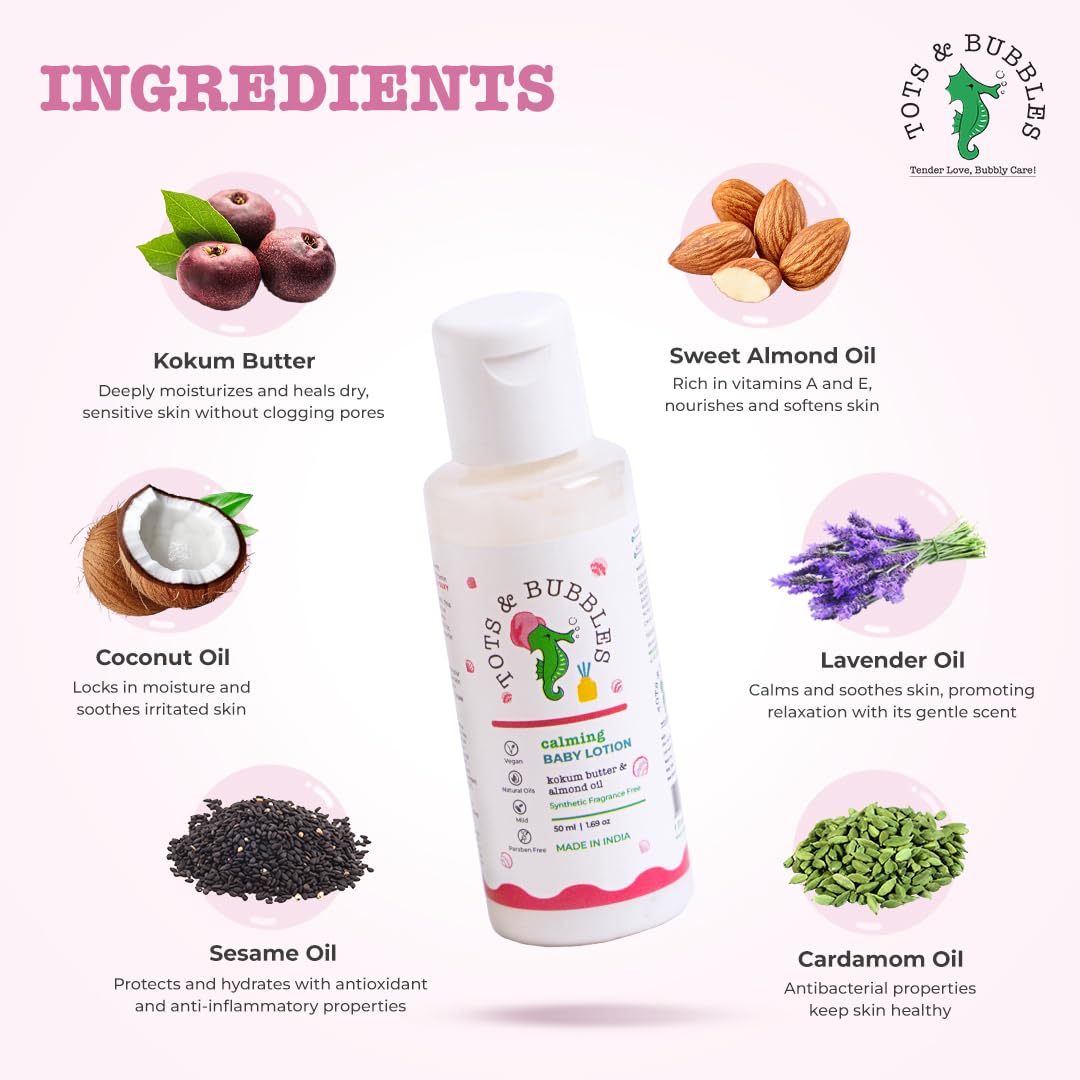 Tots & Bubbles Calming Baby Body Lotion – A Nourishing Moisturizer with Kokum Butter & Sweet Almond Oil - 50ml | Contains Coconut & Cardamom Oil with Konjac Root Extracts | Helps in Skin Nourishment | No Artificial Fragrance