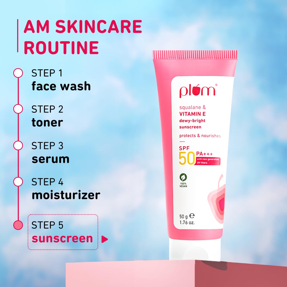 Plum Squalane&Vitamin E Dewy-Bright Sunscreen Spf 50 Pa+++|No White Cast,Lightweight,Non-Sticky|All Skin Types|Sunscreen For Women&Men|100% Vegan|50 G