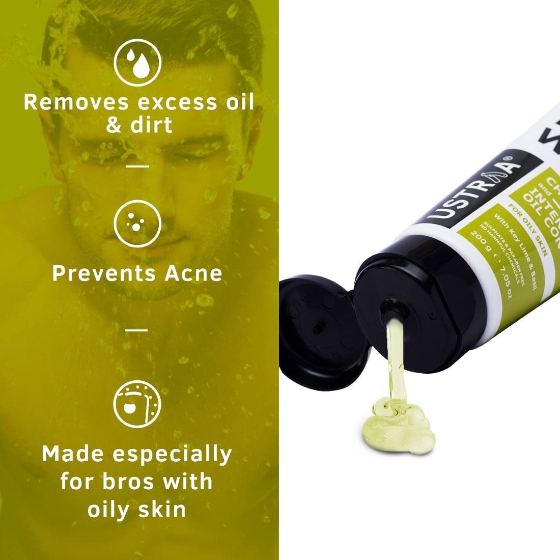Ustraa Face Wash - Oily skin - 200g - Specially formulated for Oily Skin | With Key lime & Basil extract | Remove excess Oil & Dirt | Sulphate and Paraben Free