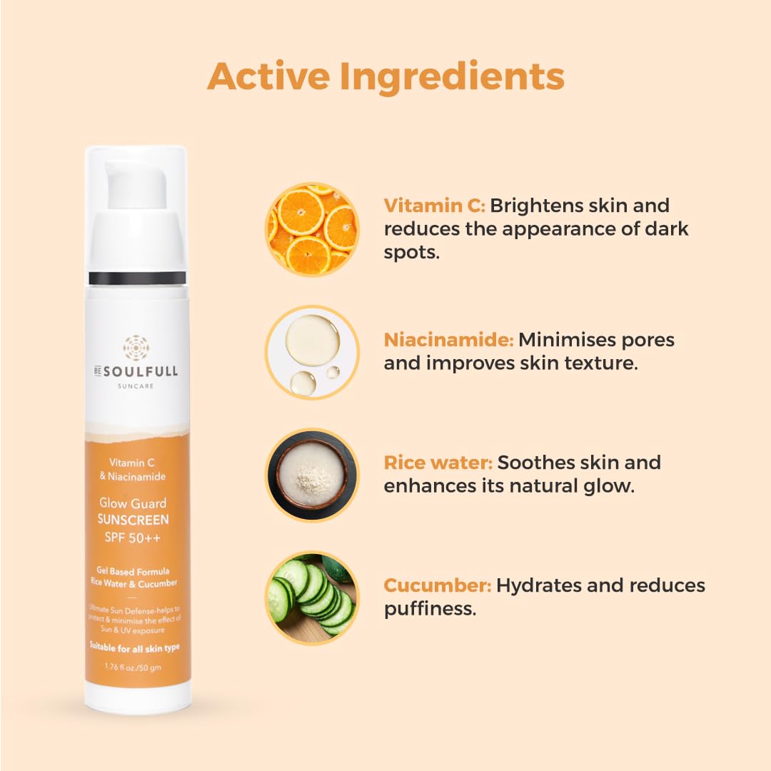 Be Soulfull Glow Guard Sunscreen with SPF 50+++Ultimate Sun Defense- helps to protect & minimise the effect of Sun & UV exposer- 50gms/.35 fl oz with