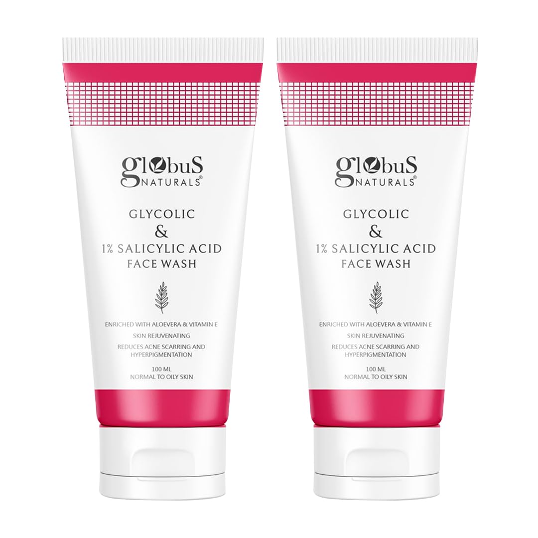 Globus Naturals Pimple Clear Glycolic & 1% Salicylic Acid Face Wash, For Acne & Oil Control, Enriched with Aloe vera & Vitamin E (100ml) (Pack Of 2)