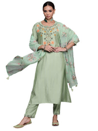 INDO ERA Women's  Silk Blend Floral Straight Kurta Pant with Dupatta Set