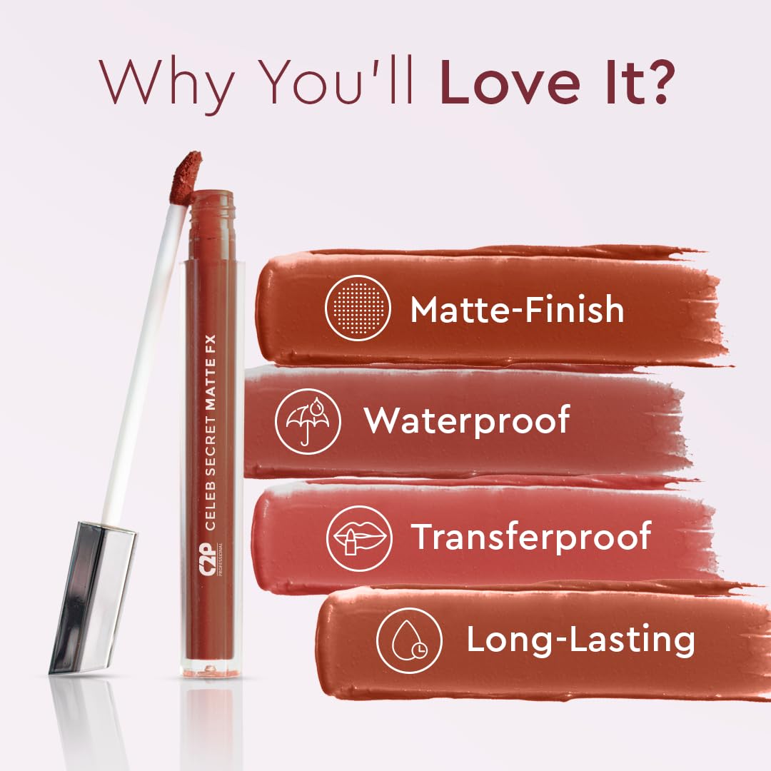 C2P Pro Liquid Lipstick Waterproof Matte Orange Lipsticks for Women | Long Lasting Smudge Proof | Infused with Argan Oil, Celeb Secret (Liquid Lipstick Huma, 2 ml)