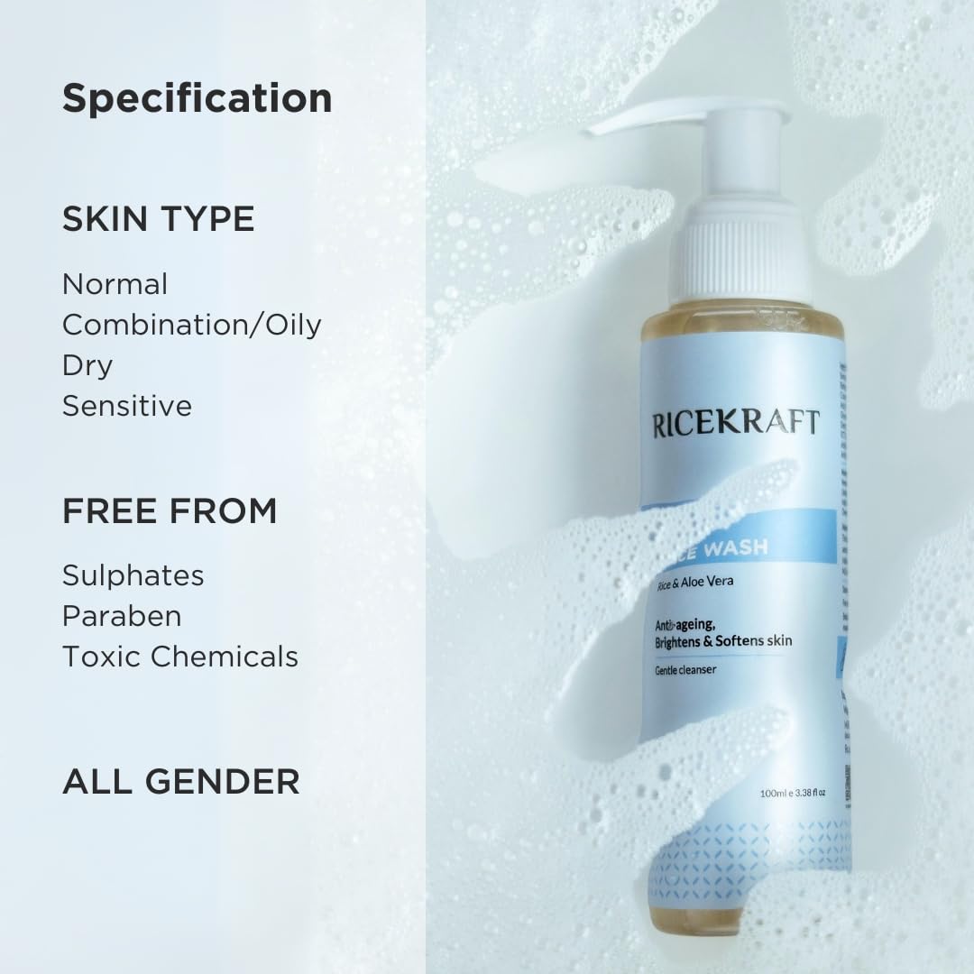 RiceKraft Rice Water Face Wash | Korean Cleanser | Rice & Aloe Vera | Anti-Aging | Brightens & Softens skin | Paraben Free | Cruelty-Free | For Men and Women | All Skin Types, 100ml