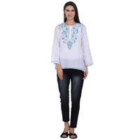 Paramount Women's  Chikankari Cotton White Straight Short Kurta Navy XS