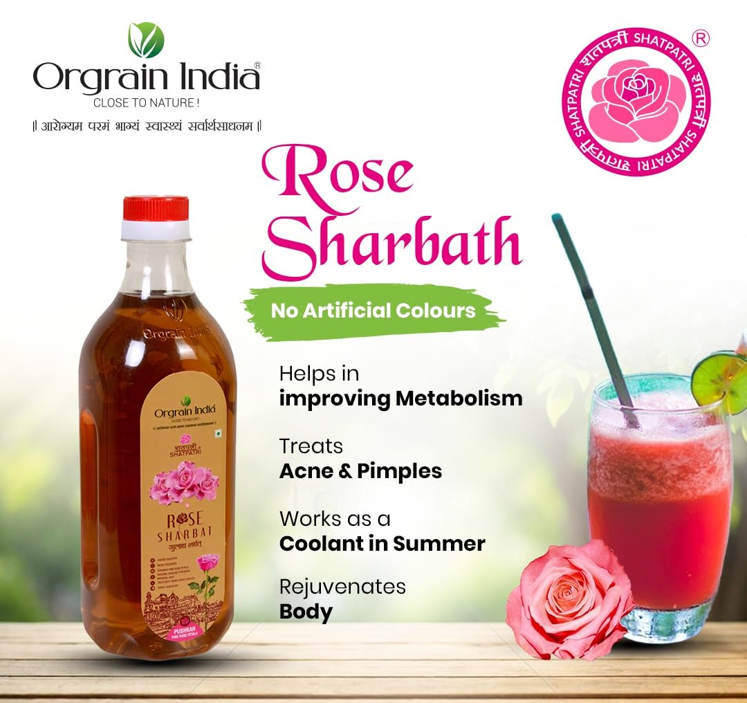 Orgrain India Pushkar Raj Rose (Gulab) Sharbat 1000ml With Pink Rose Petals | Mix with Water, Milk, Ice Creams, Faloodas, Mock Tails, Desserts & Sweets