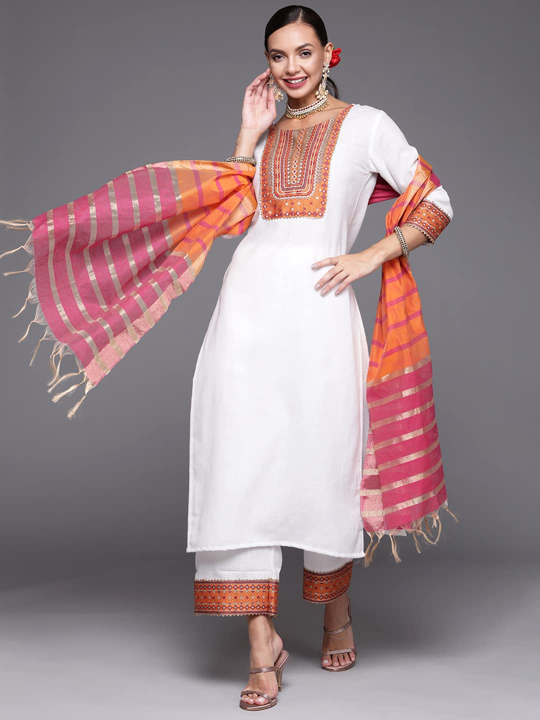 INDO ERA Women's  Solid Cotton Blend Straight Kurta Palazzo With Dupatta Set