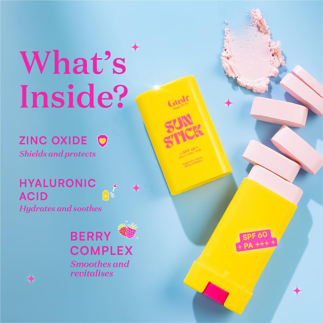 Gush Beauty Invisible Sunscreen Stick With Holder | SPF 60 PA +++ | UVA/UVB Rays Protection | Water Proof | No White Cast | With Hyaluronic Acid | Matte Finish | For All Skin Types - 13g