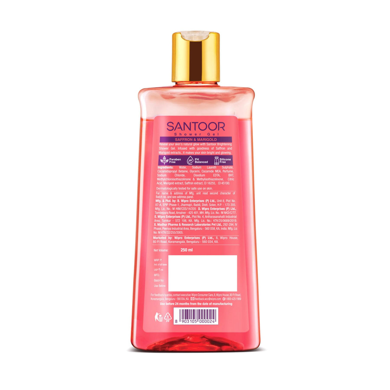 Santoor Brightening Shower Gel With Natural Saffron & Marigold Extracts| For Men & Women| For Glowing Skin| Suitable For All Skin Types| No Parabens| No Silicones| 250ml