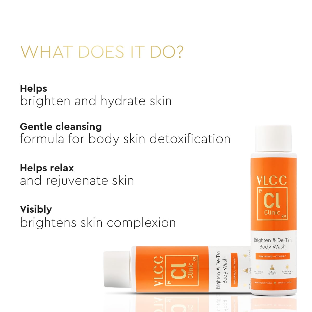 VLCC Clinic Brighten & De-Tan Body Wash - 250ml | Dermatologically Tested Body wash | De-Tanning | Skin Brightening | Moisturization | Suitable for All Skin Types.
