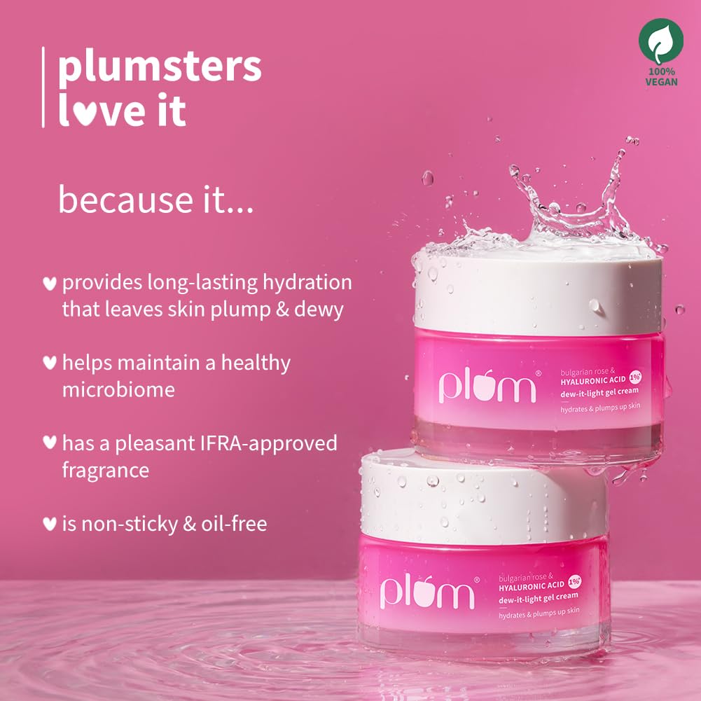 Plum Bulgarian Rose & 1% Hyaluronic Acid Dew-It-Light Gel Cream | Multi-Layer Hydration | Retains Moisture | Light, Oil-Free, Non-Greasy | Face Moisturizer for Women & Men | All Skin Types | 50g