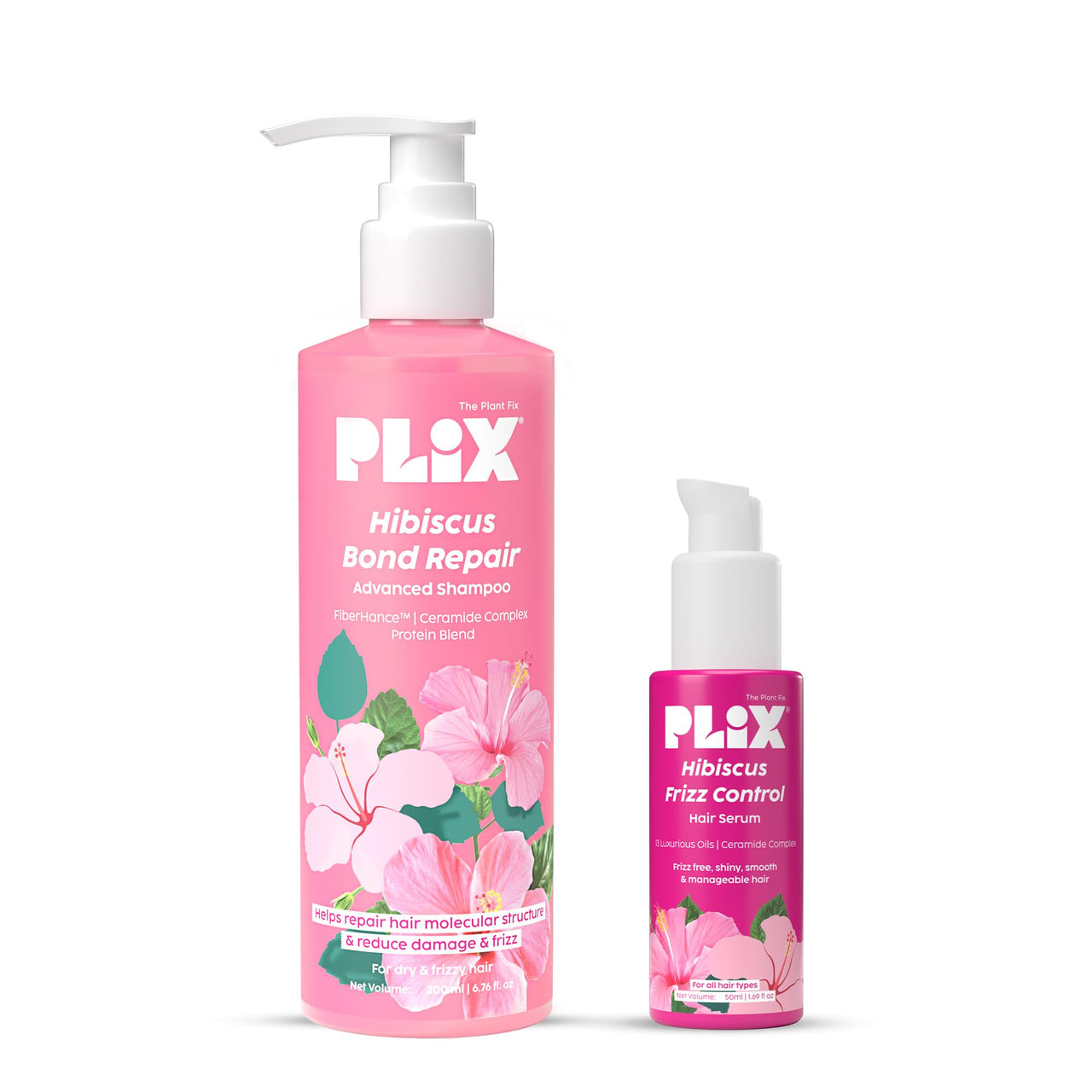 PLIX - THE PLANT FIX Hibiscus Frizz Control Hair Serum 50ml + Bond Repair Advanced Shampoo 200ml | Protects & Smoothes Frizzy Hair | 3x Strength with Fiberhance