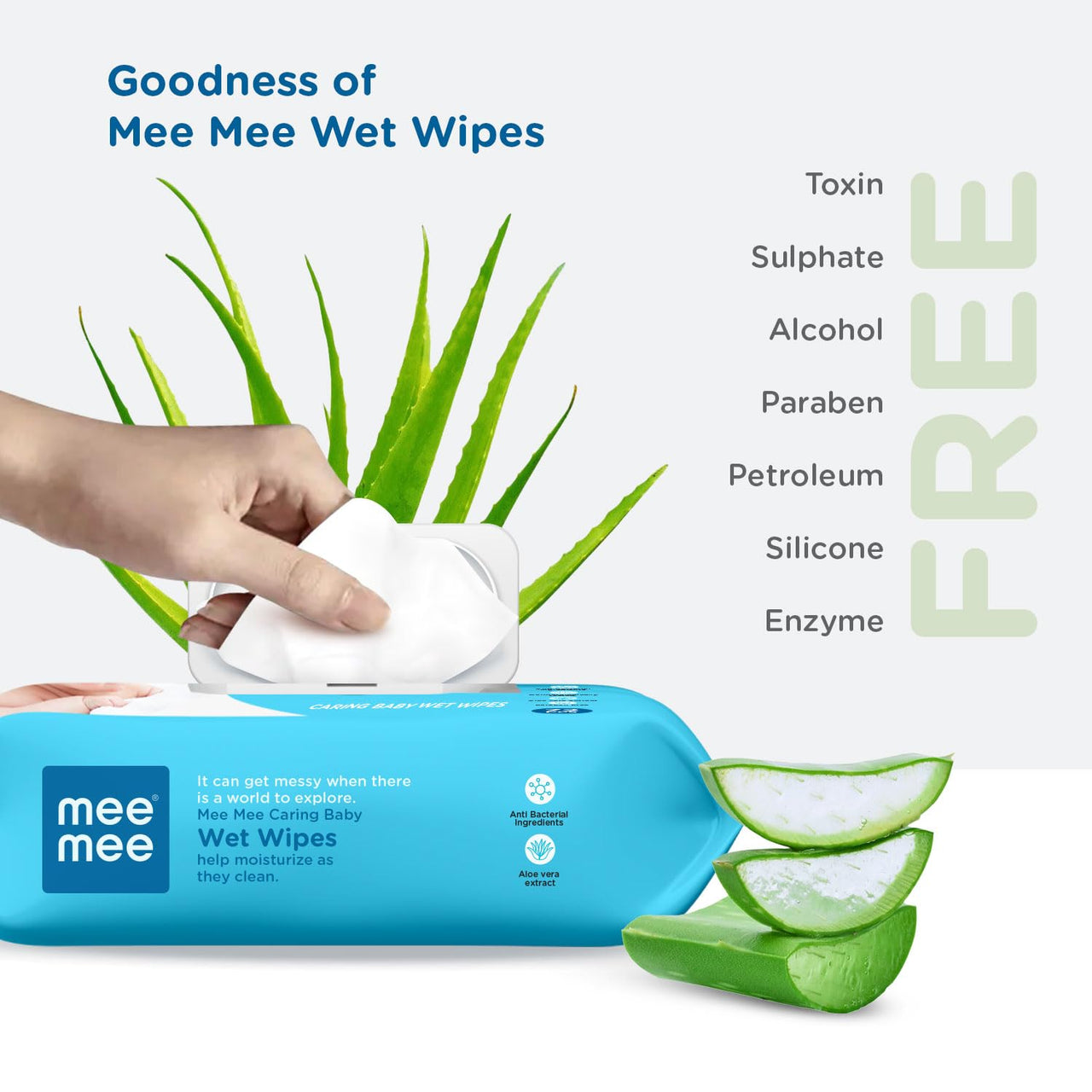 Mee Mee Caring Baby Wet Wipes with lid, 72 Pcs (Aloe Vera, Pack of 3)